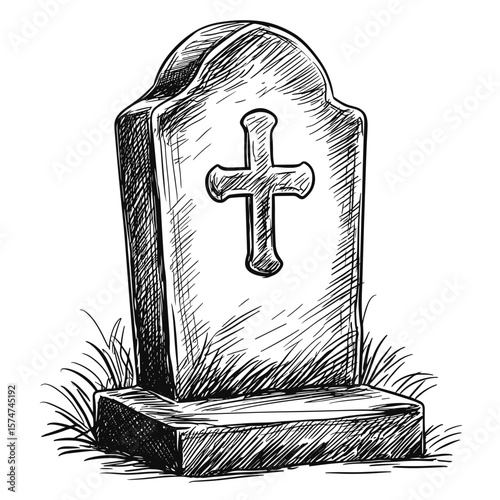 Gravestone with cross in grassy cemetery, funeral and ritual services icon in sketch style