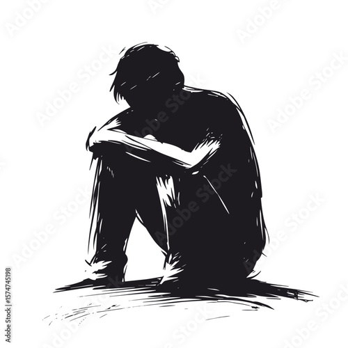 Silhouette in mourning, funeral and ritual services icon in sketch style