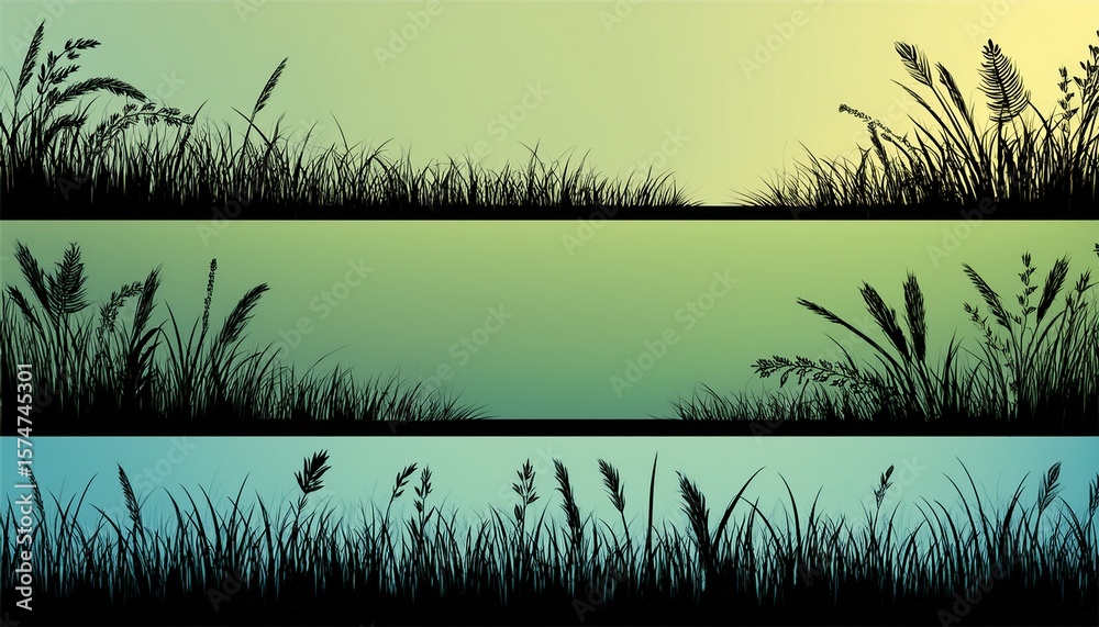 Fototapeta premium horizontal banners of meadow silhouettes with grass