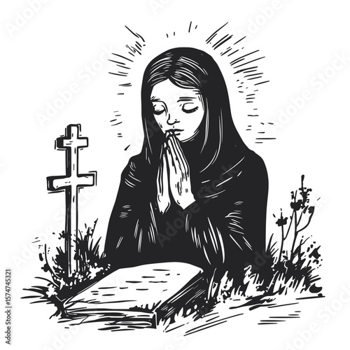 Praying woman in mourning beside grave with cross, vector icons in sketch style of funeral
