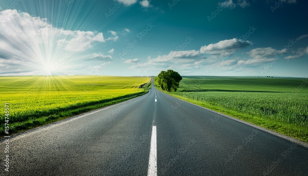 Fototapeta premium empty road through green fields