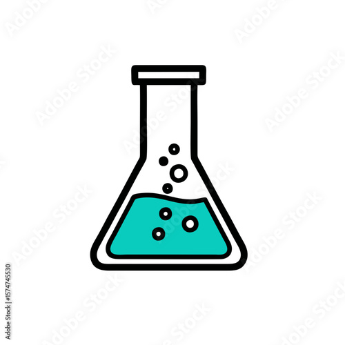 Illustration of a science flask with teal liquid and bubbles in a laboratory setting shown clearly
