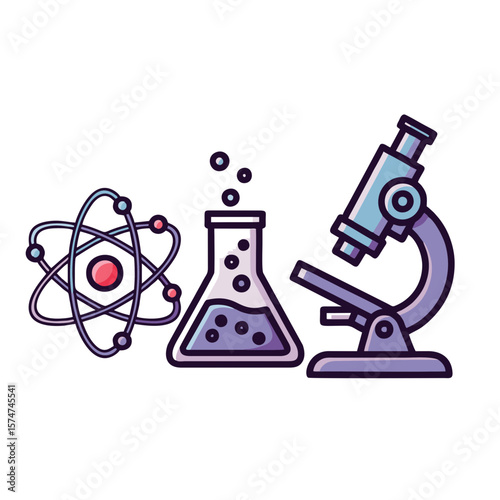 Illustration of an atom, a flask with liquid and bubbles, and a microscope on a white background