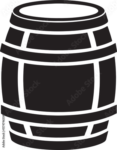 Simple black silhouette of a wooden barrel isolated on white background