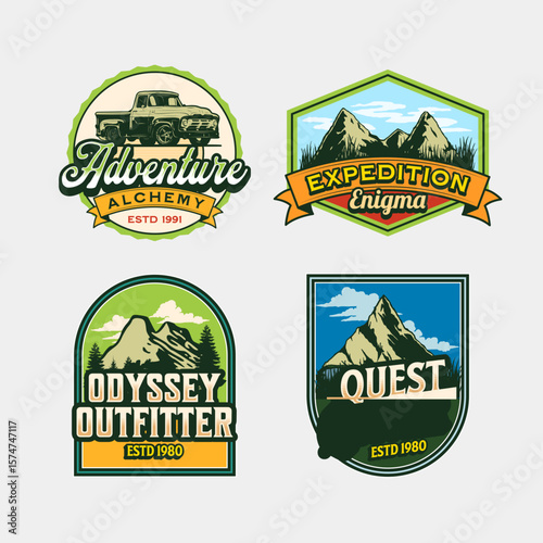 Vintage adventure logos showcase truck, mountains, and exploration with classic designs for branding and outdoor themes.