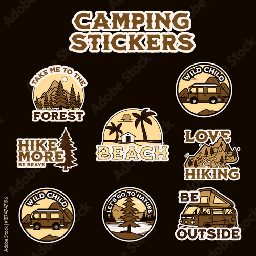 Camping stickers art set features beach, forest, mountains and nature scenes for travel enthusiasts and outdoor adventurers.