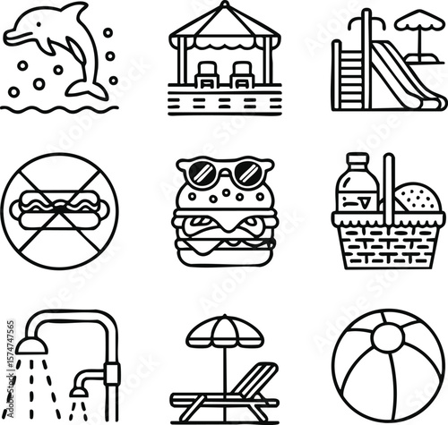 Summer Fun Beach, Pool, and Park Icons - Vector Illustrations