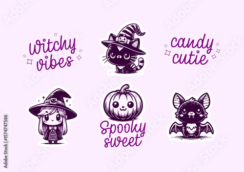 Spooky Halloween stickers featuring a cute witch, black cat, pumpkin, and bat with fun, vintage text elements in purple.