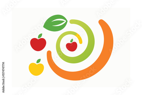 Flat Vector Fruits Forming Spiral Shapes On White Background