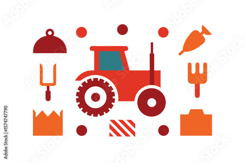 Flat Tractor Field And Farm Tool Icons In Pattern On White