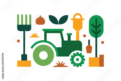Flat Tractor Field And Farm Tool Icons In Pattern On White