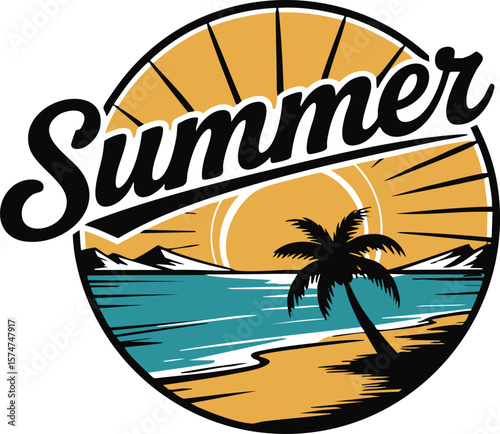 Tropical paradise island beach with palm trees and a vibrant summer sunset