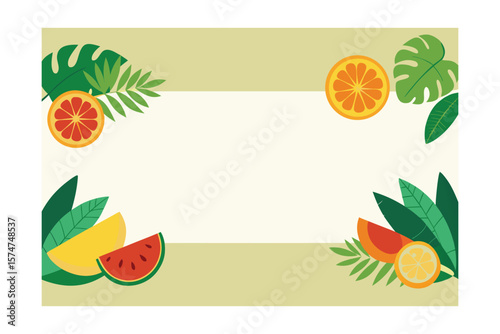 Flat Design Border Made Of Tropical Leaves And Mint Herbs
