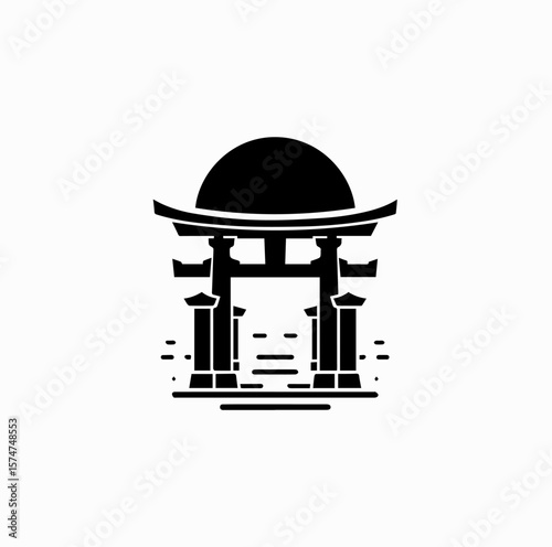 Minimalist Black Vector Logo of Rising Sun Behind Japanese Torii Gate Isolated on White Background