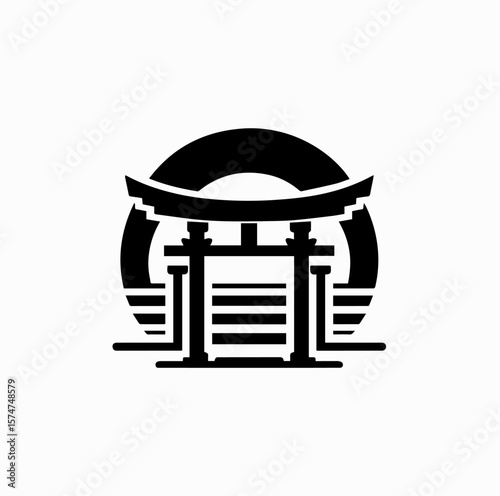 Minimalist Black Vector Logo of Rising Sun Behind Japanese Torii Gate Isolated on White Background