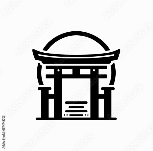 Minimalist Black Vector Logo of Rising Sun Behind Japanese Torii Gate Isolated on White Background