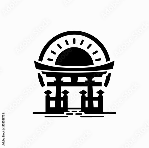 Minimalist Black Vector Logo of Rising Sun Behind Japanese Torii Gate Isolated on White Background