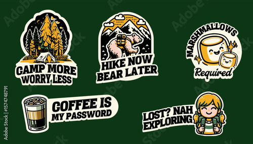 Camping and hiking themed stickers featuring nature, marshmallows, bear, and mountains for adventure loving enthusiasts.