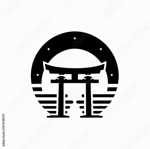 Minimalist Black Vector Logo of Rising Sun Behind Japanese Torii Gate Isolated on White Background