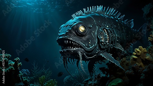 Abyssal Zone: Ancient Ruins - The submerged ruins of an ancient civilization at the bottom of the ocean, covered in sediment and deep-sea organisms.