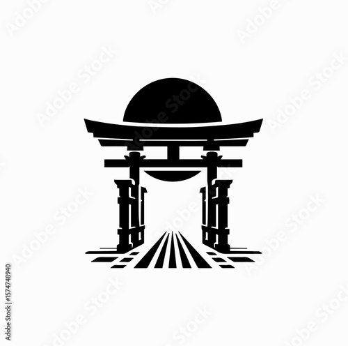 Minimalist Black Vector Logo of Rising Sun Behind Japanese Torii Gate Isolated on White Background