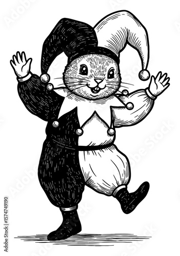 Cute Bunny in a Jester Suit Waving and Dancing Black and White Outline Line Art Drawing