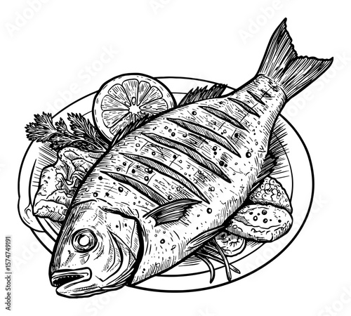 Delicious Grilled Fish on Plate with Lemon and Herbs Vintage Black and White Outline Line Art Drawing