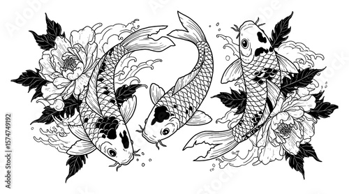 Elegant Chinese Japanese Oriental Koi Carp Fish and Blooming Flower Design Black and White Outline Line Art Drawing