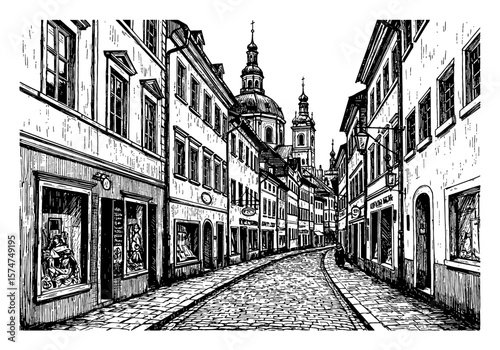 Empty Cobblestone Street View in Old Europe City with Buildings and Church Domes Black and White Outline Line Art Drawing