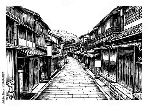Empty Street View in Old Traditional Japan Town Buildings Black and White Outline Line Art Drawing