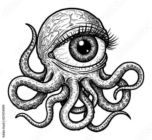 Creepy Eyeball Monster with Long Waving Tentacles Detailed Horror Creature Black and White Outline Line Art Drawing