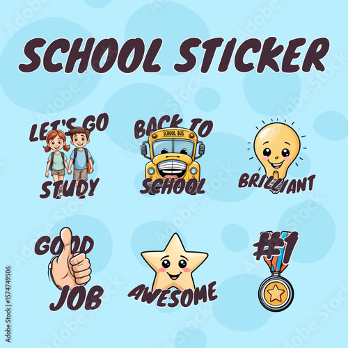 Cheerful school stickers set features a school bus, students, a light bulb, a star, and a medal for learning and education.