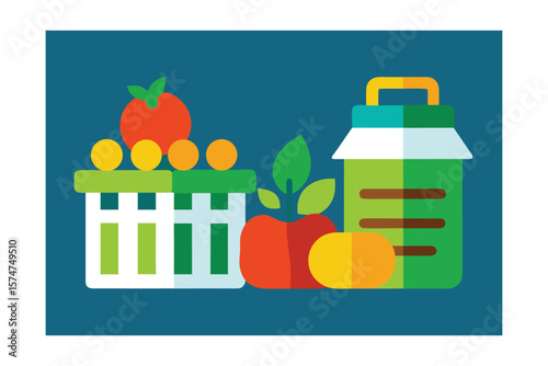 Farm Harvest Icons Like Crate Of Vegetables Jar And Bottles