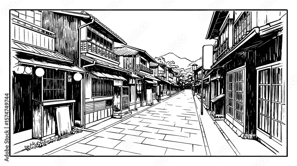 Fototapeta premium Empty Street View in Old Traditional Japan with Mountains in Background Black and White Outline Line Art Drawing