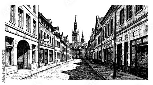 Empty Street View Old Europe Town with Vintage Buildings and Distant Church Tower Black and White Outline Line Art Drawing