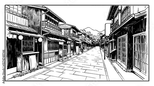 Empty Street View in Old Traditional Japan with Mountains in Background Black and White Outline Line Art Drawing