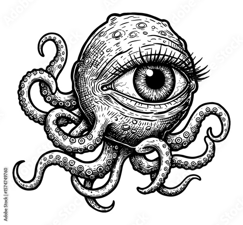 Eyeball Monster with Tentacles Black and White Outline Line Art Drawing Horror Concept Artwork