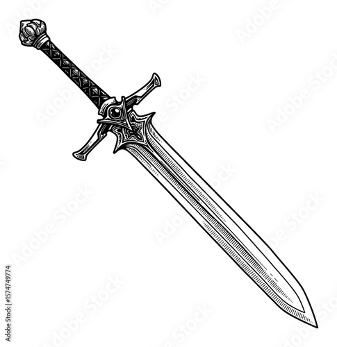 Detailed Fantasy Long Sword Black and White Outline Line Art Drawing Isolated Vintage Engraving Style