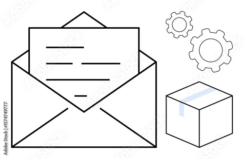 Open envelope with letter, gear icons, and package box symbolize correspondence, process management, and delivery. Ideal for mail, logistics, teamwork, workflow e-commerce automation and simple