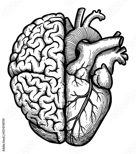 Half Human Brain and Half Heart Shape Symbol Merged Black and White Outline Line Art Drawing