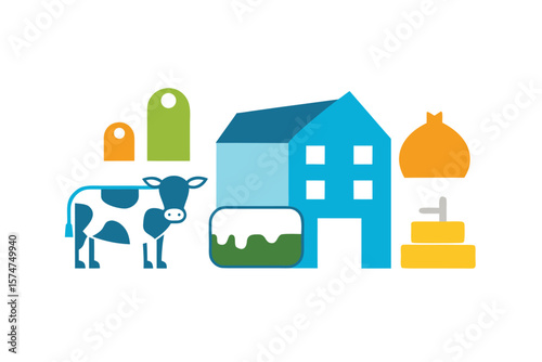 Dairy Farm Elements With Cow Milk And Cheese Icon Set