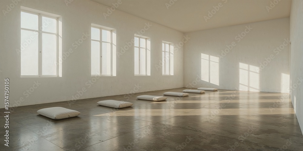 Obraz premium Interior of a bright room with pillows on the floor and sunlight coming through the windows evenly spaced