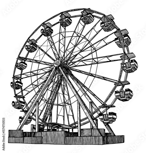 Large Ferris Wheel Black and White Outline Line Art Drawing Vintage Style Isolated Object Hand Drawn Illustration