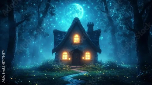 Enchanted cottage glowing under a full moon in a mystical forest