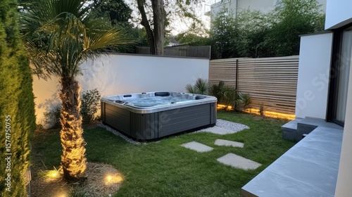 Hot tub in a backyard with a modern house. Tranquil relaxation. Spa usage