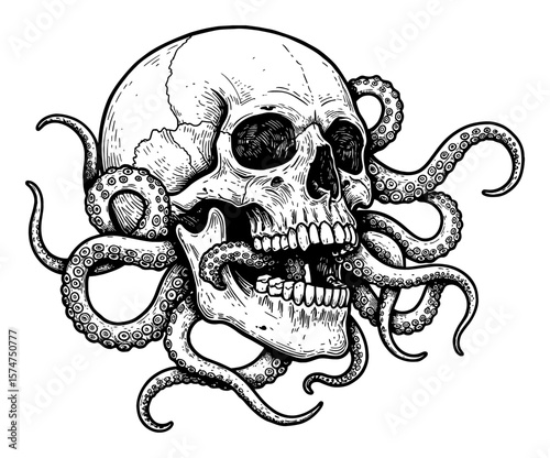Tentacles Coming Out from Human Skull with Octopus Limbs Black and White Outline Line Art Drawing