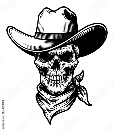 Black and White Outline Line Art Drawing Vintage Old Wild West Wanted Skull with Cowboy Hat Bandana
