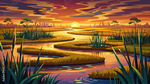 Caprivi Strip Wetlands, Namibia – Reflective channels wind through floodplains., lush reeds catch golden hour glow.