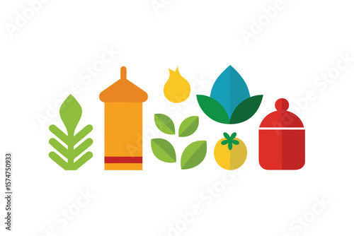 Colorful Kitchen Herbs And Spices Icon Set On White Background
