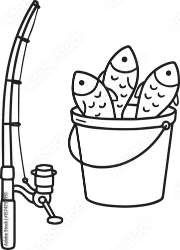 Fishing rod and a bucket of fish line art vector